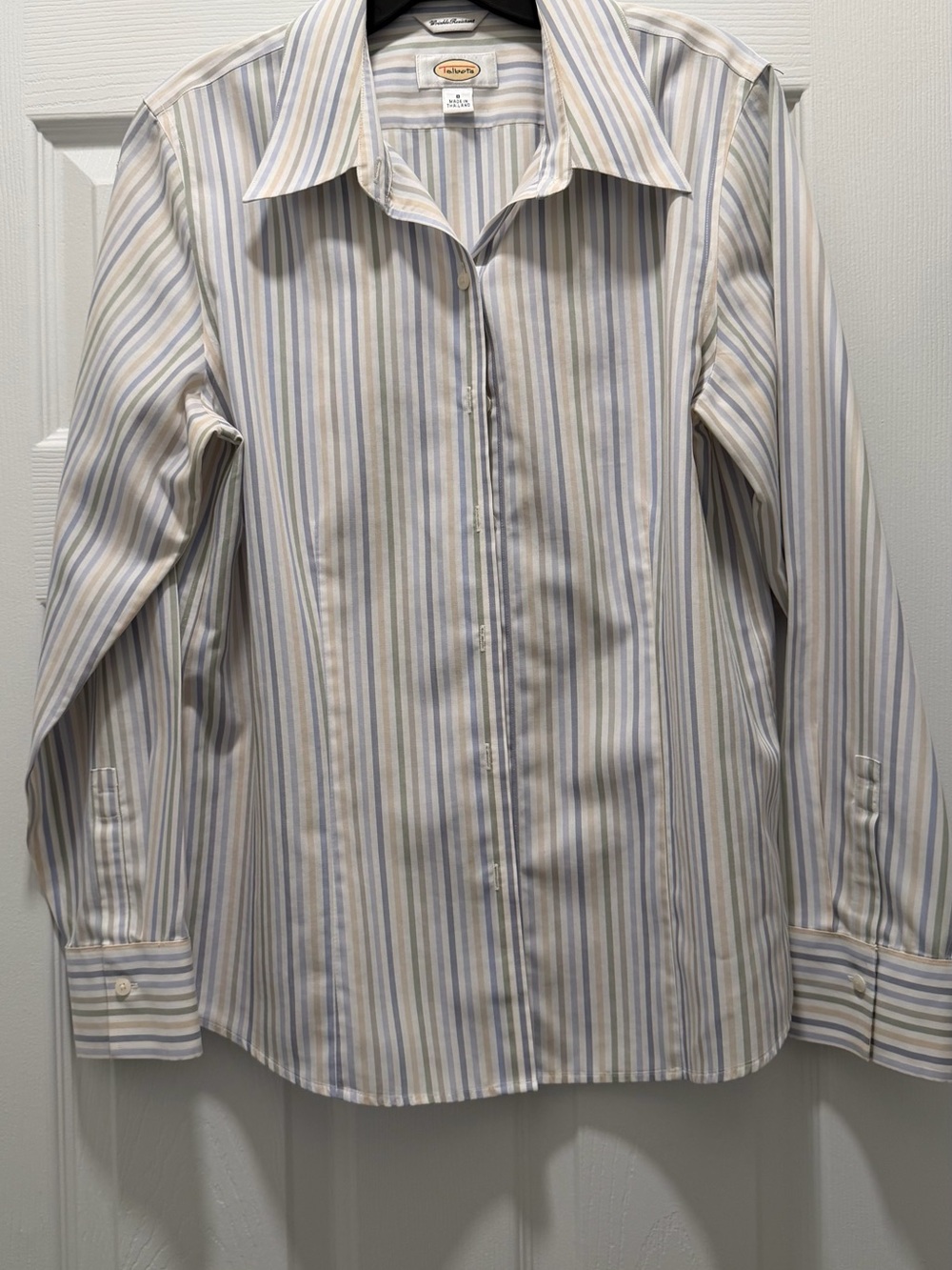 Talbots Striped Button-Front Blouse in Blue, White and Tan